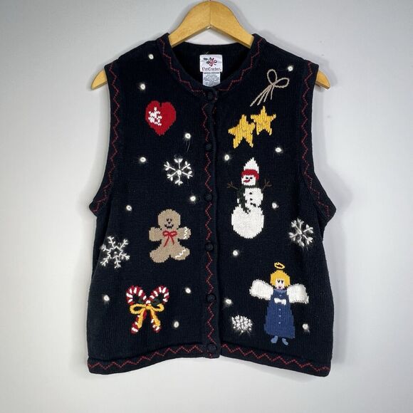 Nutcracker Womens Christmas Navy Blue Button Vest Sz M Snowman Angel Gingerbread - Picture 1 of 10